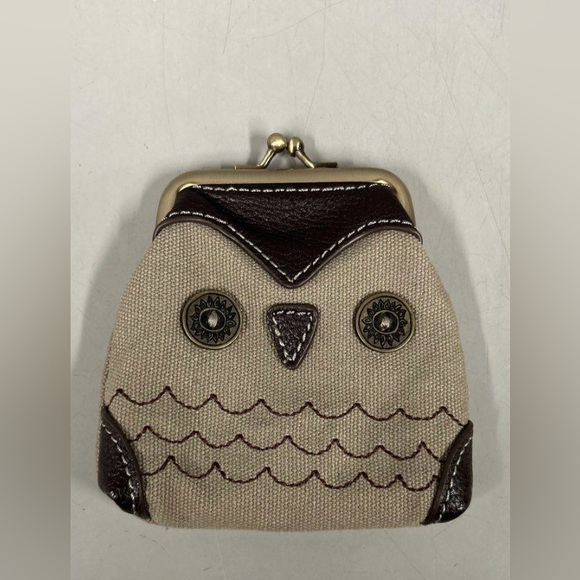Chala Handbags - Chala Tan and Brown Kiss Lock Owl Coin Purse with Goldtone Frame EUC